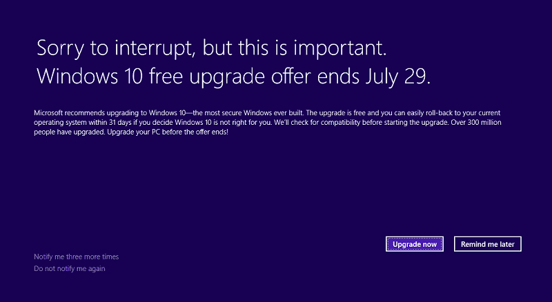 Microsoft publica el fin de la notificación de oferta de actualización gratuita para Windows 10