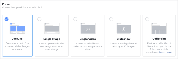 Opciones de formato para anuncios de Facebook