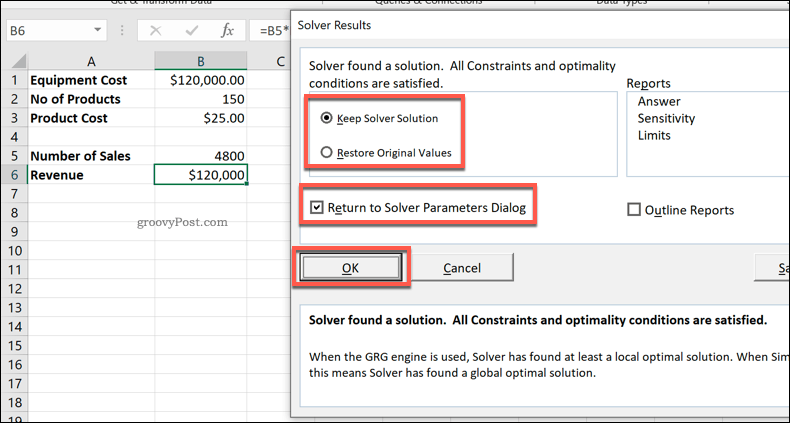 Ventana de resultados de Excel Solver