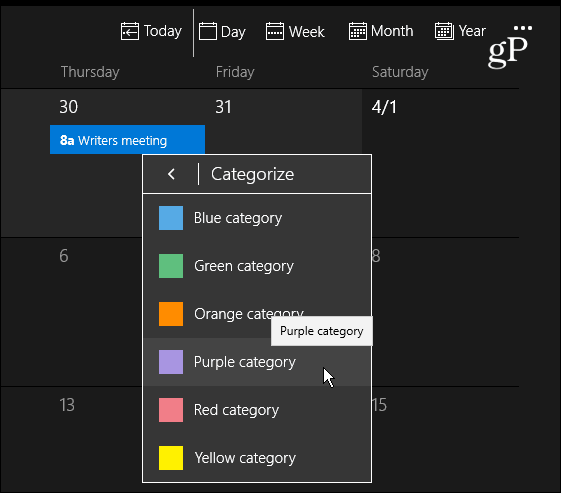 Calendario de categorías de colores