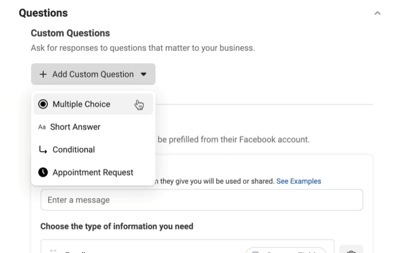 Los anuncios de clientes potenciales de Facebook crean una nueva opción de formulario de clientes potenciales para agregar un menú de preguntas personalizado con opciones de opción múltiple, respuesta corta, condicional o solicitud de cita.