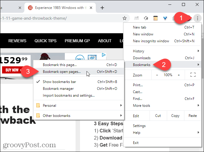 Seleccione Marcar páginas abiertas en el menú de Chrome