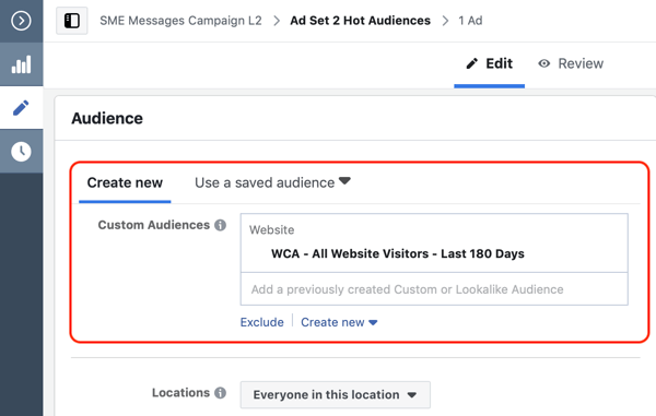 Cómo convertir a los visitantes del sitio web con anuncios de Facebook Messenger, paso 2, crear una audiencia personalizada en el sitio web