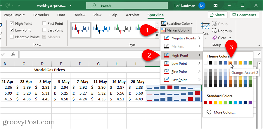 Cambiar el color de un marcador en un gráfico de minigráficos de Excel