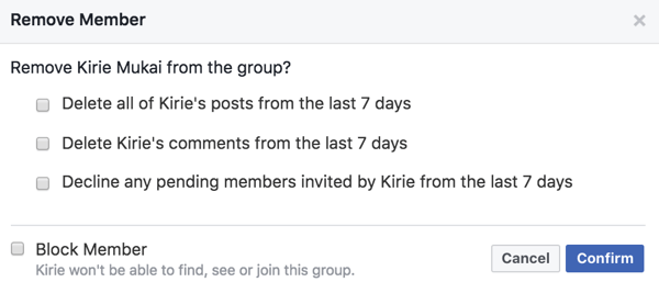 Puede eliminar las publicaciones, los comentarios y las invitaciones de los miembros cuando los elimina de su grupo de Facebook.