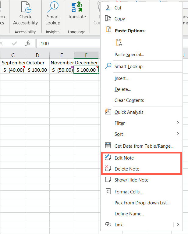 Editar o eliminar notas en Excel