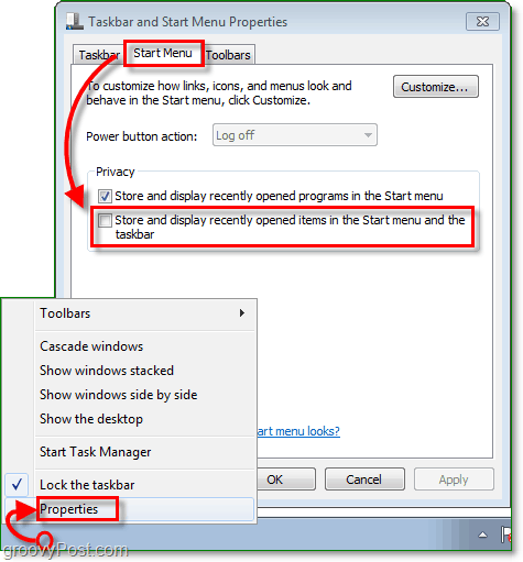 Cómo deshabilitar y borrar el historial de la lista de salto de Windows 7