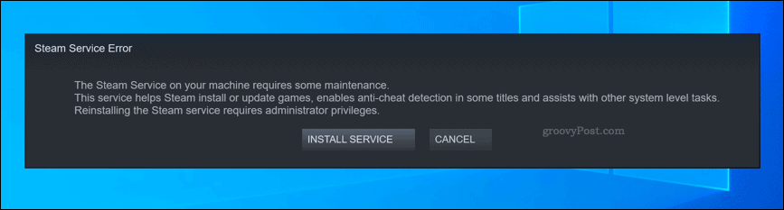 Cuadro de advertencia de error del servicio Steam