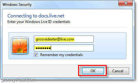 ingrese el nombre de usuario y la contraseña de su cuenta de Windows Live en Microsoft Office 2010