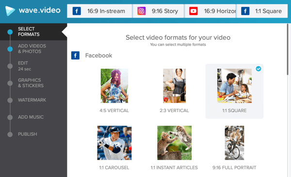 Desarrolle una estrategia de video social, cree video con Wave.video, opciones de plantilla de Facebook.