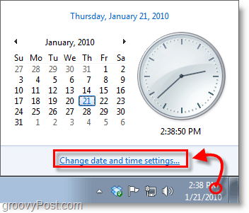 Captura de pantalla de Windows 7: haga clic en el reloj y cambie la configuración