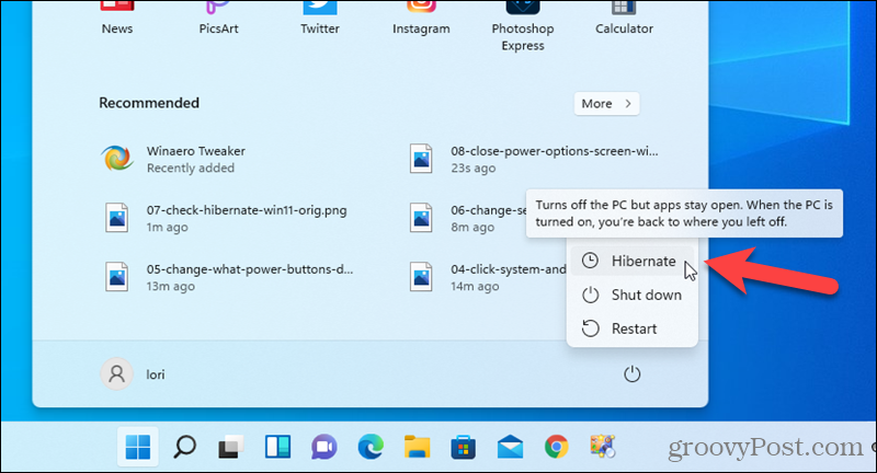 Opción de hibernación disponible en el menú Inicio en Windows 11