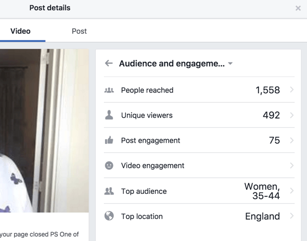 Facebook muestra estadísticas de participación separadas para la publicación y el video.