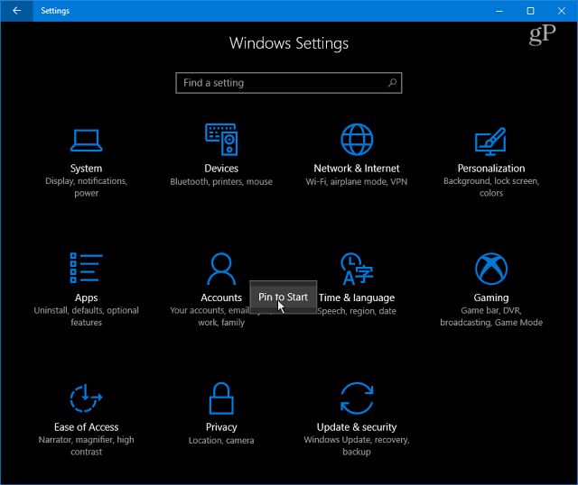Categorías de configuración de Windows 10
