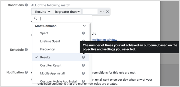 información sobre herramientas al configurar las condiciones para la regla automatizada de Facebook
