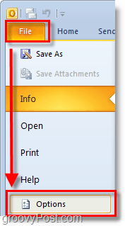 en Outlook 2010 use la cinta de archivos para abrir las opciones