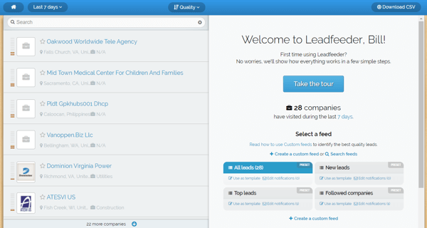 Leadfeeder ofrece una prueba gratuita y verá esta pantalla después de registrarse.