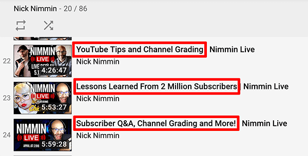 Esta es una captura de pantalla de los títulos de videos en vivo de YouTube del canal Nick Nimmin.