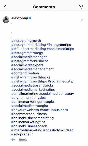 ejemplo de un comentario de publicación de Instagram de @alextooby compuesto por 30 hashtags relevantes