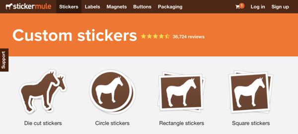 Página de inicio de Sticker Mule.