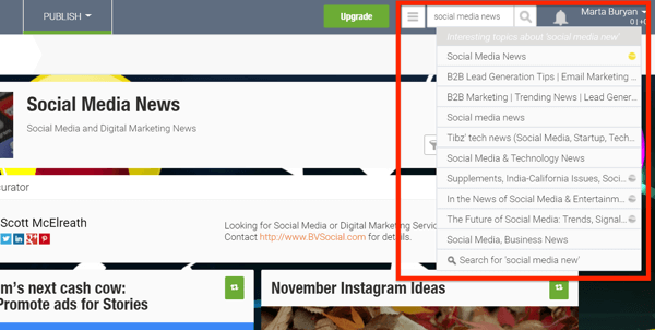 Ejemplos de feeds de contenido de 'noticias de redes sociales' en Scoop.it.