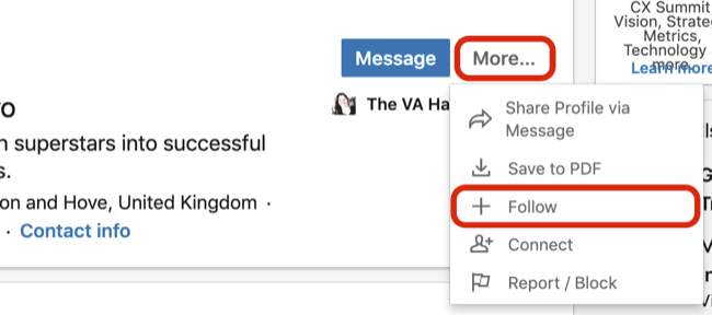 Menú desplegable Más con la opción Seguir seleccionada en el perfil de LinkedIn