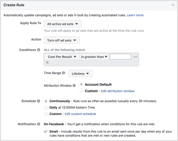 Ventana de configuración de reglas automatizadas de Facebook