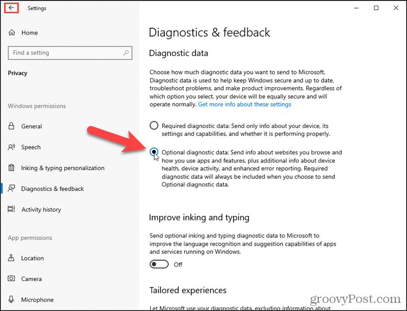 Encienda los datos de diagnóstico opcionales de Windows 10