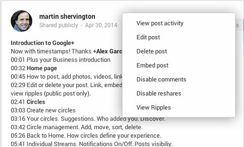 editar una publicación de Google Plus para agregar marcas de tiempo