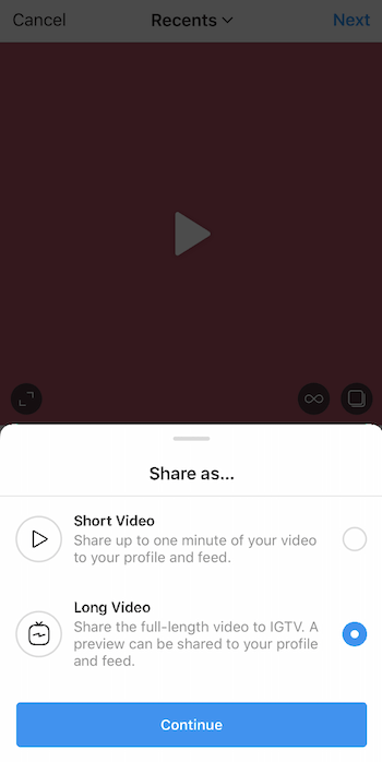 Carga de video de Instagram con el menú Compartir como desplegado y la opción de video largo seleccionada