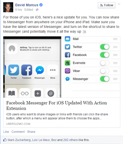 "Los usuarios de Facebook Messenger con iPhones o iPads ahora pueden compartir fotos o enlaces directamente a la aplicación luego de una actualización de la aplicación iOS".