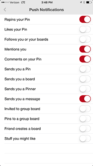 Opciones de notificación de la aplicación de Pinterest para iphone