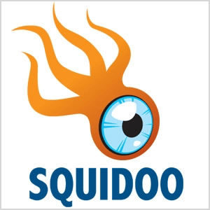 Esta es una captura de pantalla del logotipo de Squidoo, que es una criatura naranja con cuatro tentáculos y un gran globo ocular azul.
