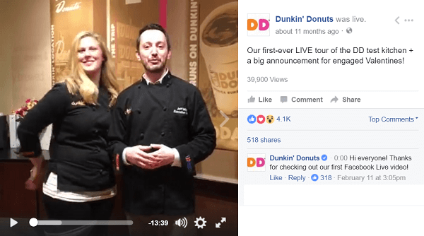 Dunkin Donuts usa videos de Facebook Live para llevar a los fanáticos detrás de escena.