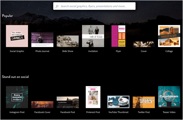 Adobe Spark ofrece una variedad de plantillas para personalizar para sus imágenes de redes sociales.