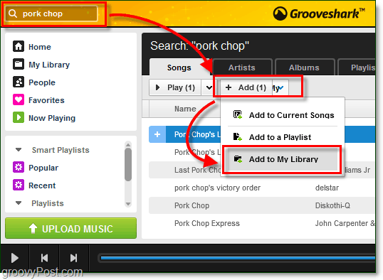 agregar canciones buscadas a su biblioteca de música Grooveshark