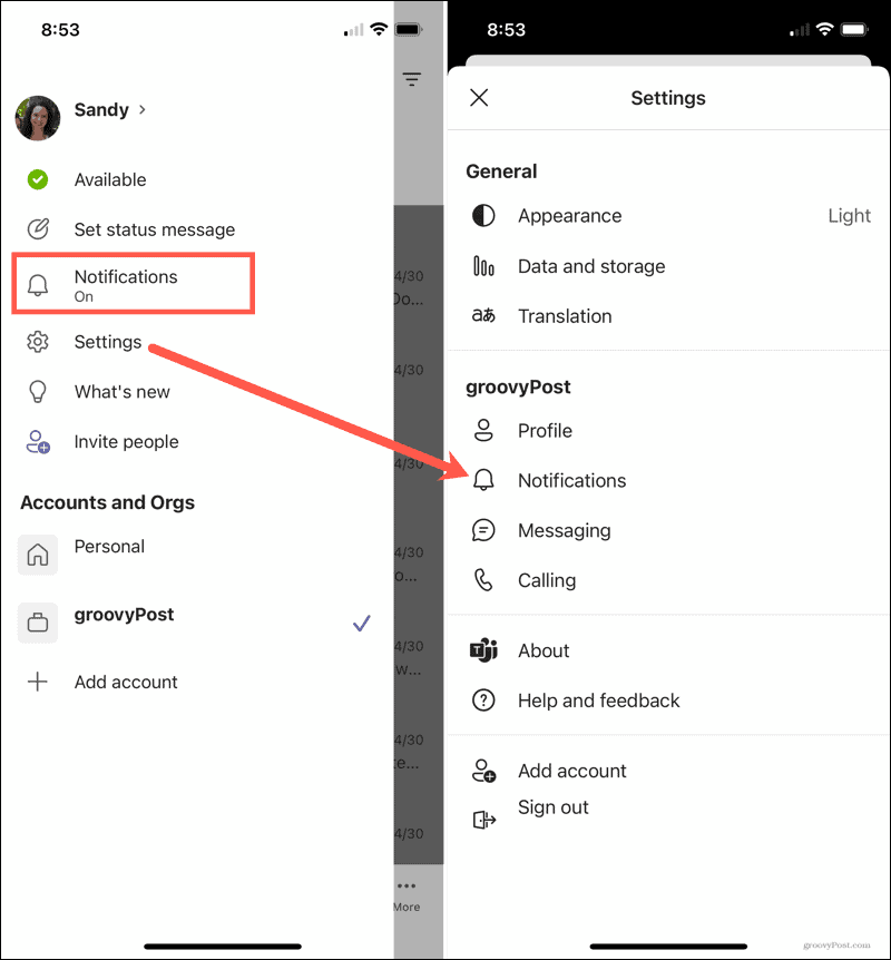 Configuración, notificaciones en la aplicación móvil de Microsoft Teams