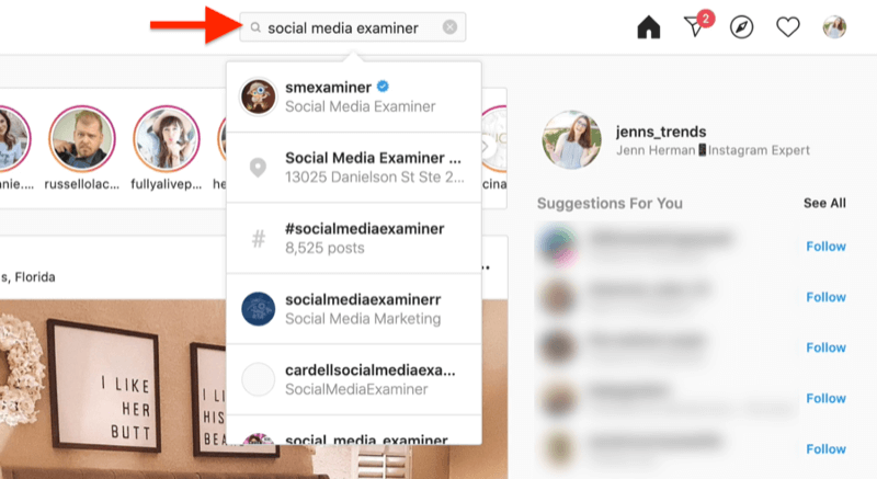 captura de pantalla de escritorio que muestra una búsqueda de una cuenta de Instagram utilizando términos de búsqueda del examinador de redes sociales