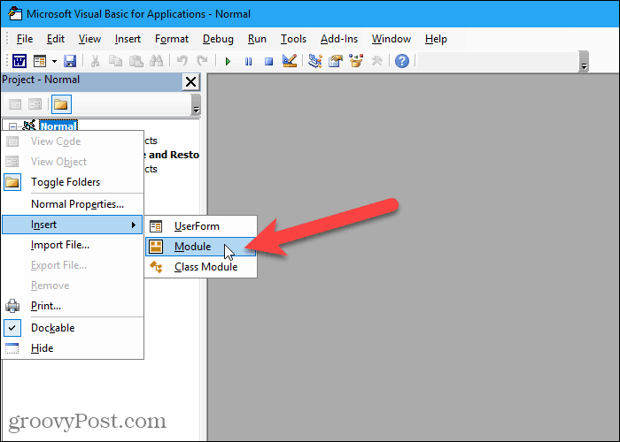 Vaya a Insertar> Módulo en el editor VBA en Word