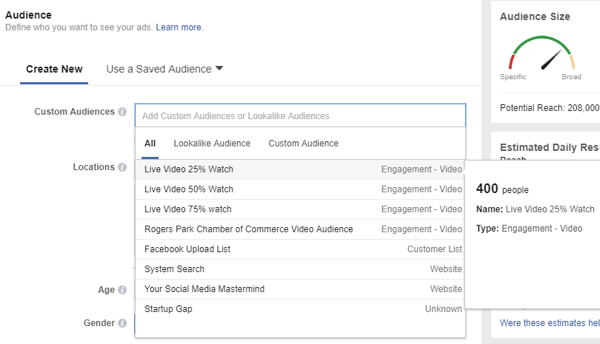 Cuando seleccione una audiencia para su anuncio de Facebook, asegúrese de seleccionar la audiencia personalizada de personas que vieron sus videos en vivo.