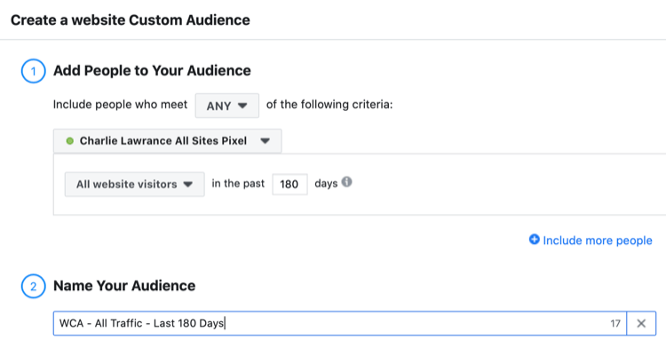configurar la audiencia personalizada del sitio web de Facebook de todos los visitantes del sitio web en los últimos 180 días