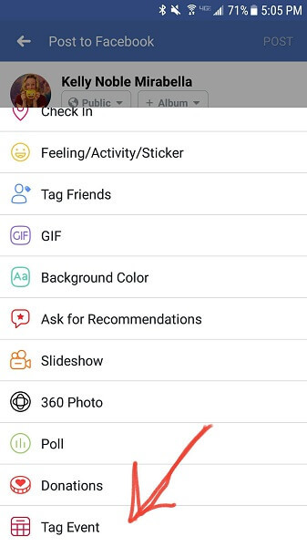 Facebook agrega la opción de etiquetar un evento en las actualizaciones de estado en el móvil.