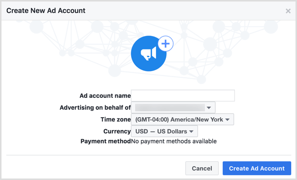Use el nombre de su empresa cuando se le solicite que nombre su nueva cuenta de anuncios de Facebook.