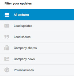 filtros de actualización de clientes potenciales del navegador de ventas de linkedin