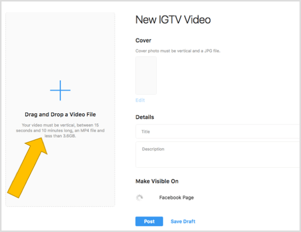 Arrastre y suelte un archivo para cargar un video IGTV en el escritorio.