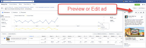Administrador de anuncios de Facebook vista previa o editar función de anuncios