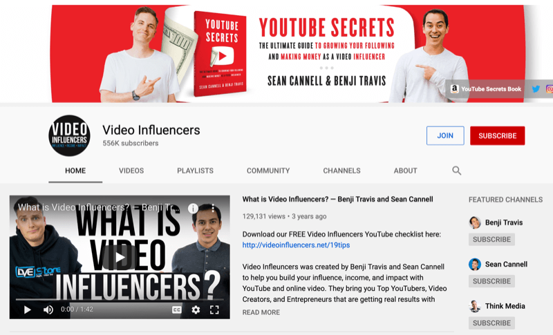 Página del canal de YouTube para influencers de video