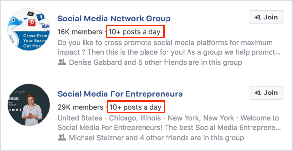 ejemplos de número de publicaciones por día para el grupo de Facebook