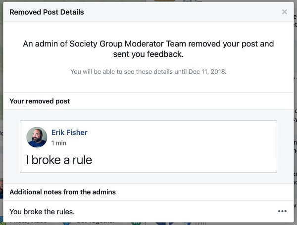 Parece que Grupos de Facebook les está dando a los administradores la opción de compartir el motivo por el cual se eliminó una publicación a la persona que la publicó.