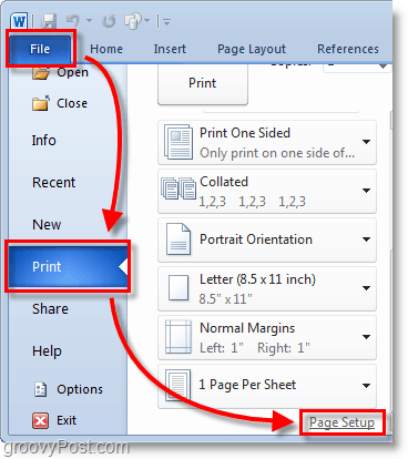 Captura de pantalla de Micosoft Word 2010 seleccione el archivo> menú de impresión desde el fondo y luego haga clic en configuración de página en word 2010